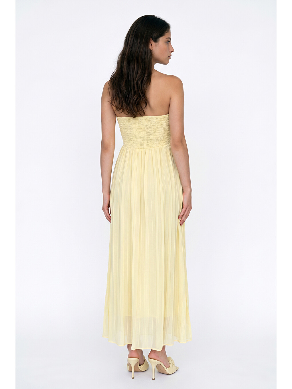 Straplez Drapeli Midi Elbise Sarı-1