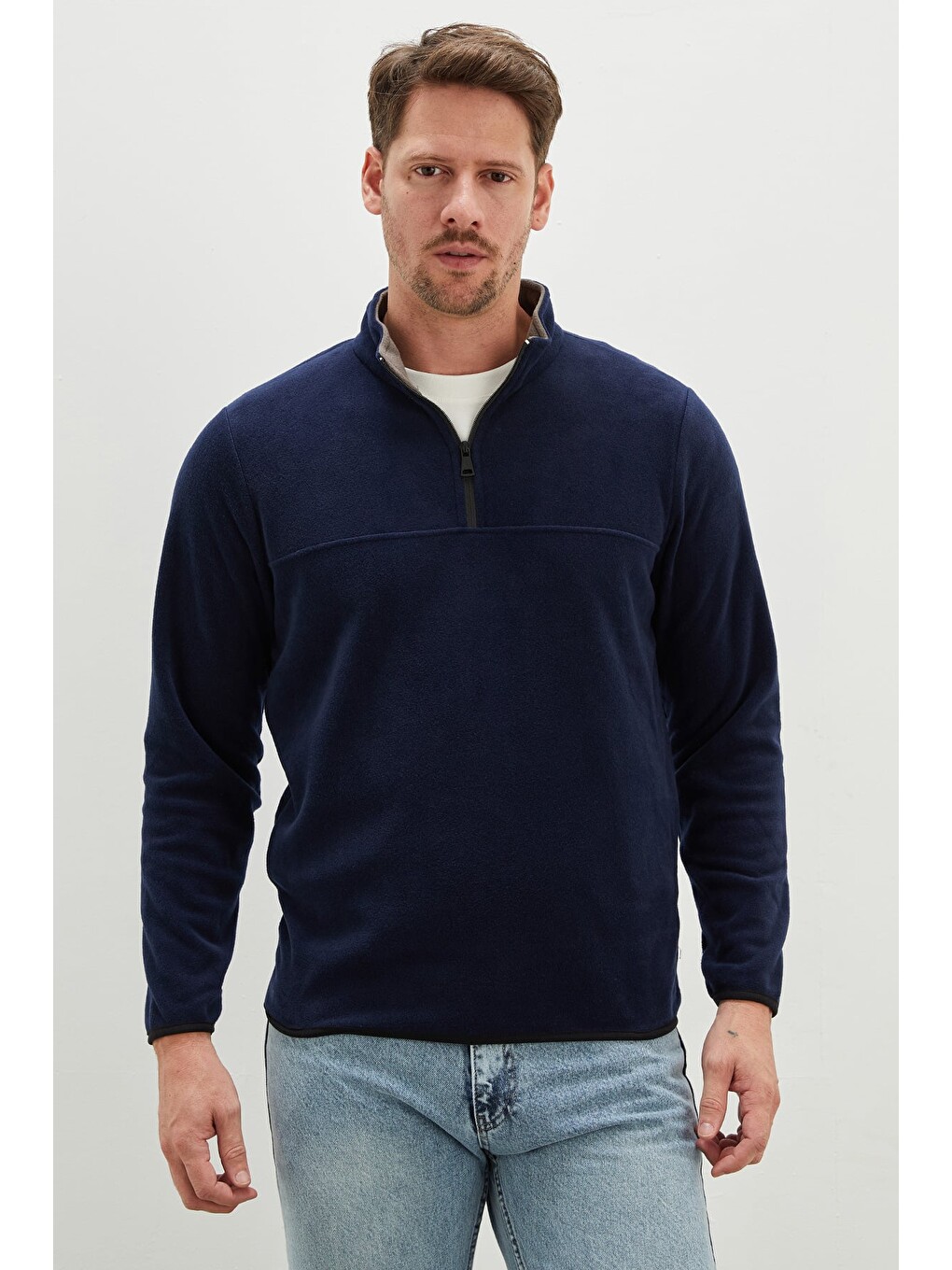 Lacivert Yarım Fermuarlı Dik Yaka Polar Sweatshirt