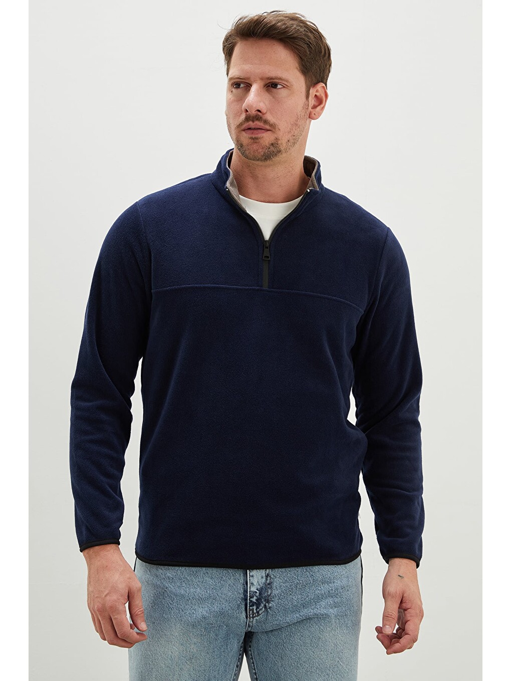 Lacivert Yarım Fermuarlı Dik Yaka Polar Sweatshirt-1