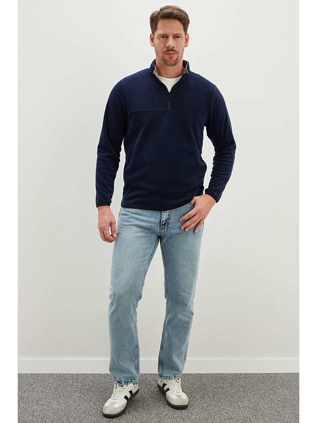 Lacivert Yarım Fermuarlı Dik Yaka Polar Sweatshirt-2
