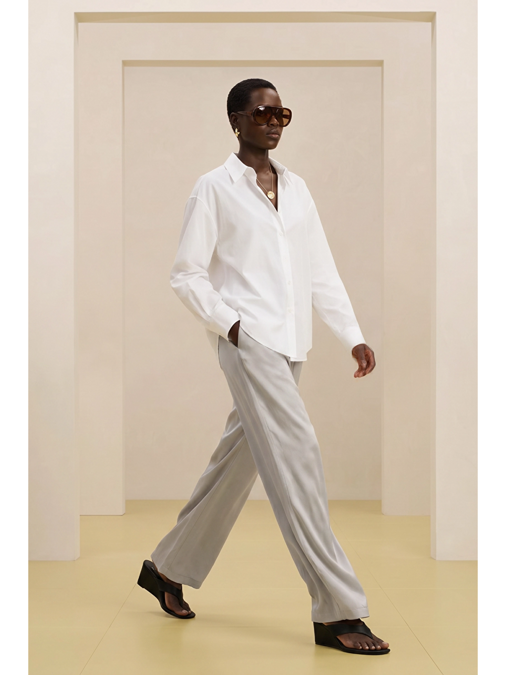 ALESTA | Yüksek Bel Dökümlü Pantolon Açık Gri-2