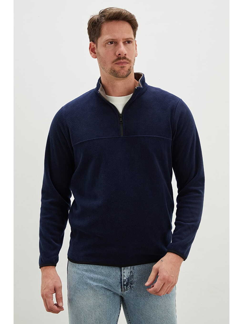 Lacivert Yarım Fermuarlı Dik Yaka Polar Sweatshirt-3