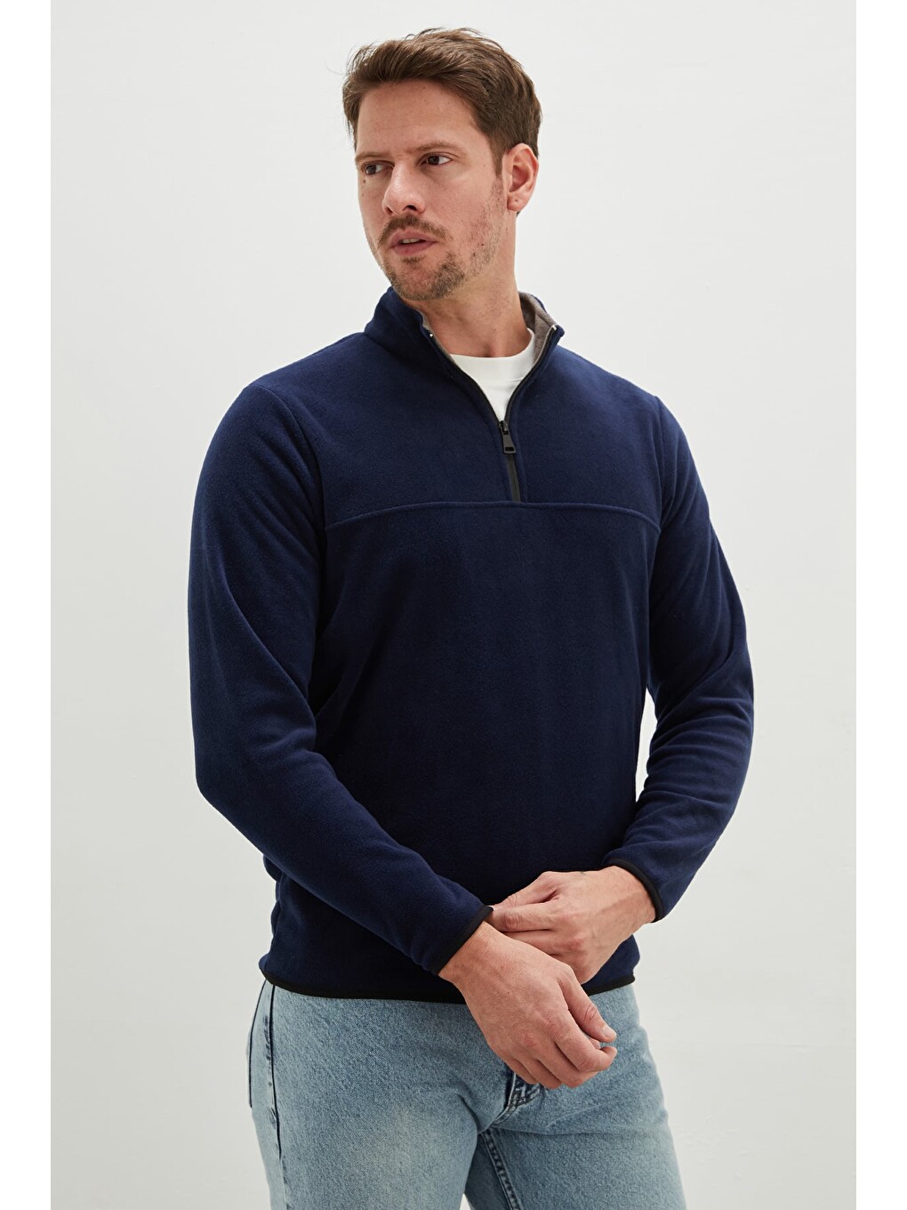 Lacivert Yarım Fermuarlı Dik Yaka Polar Sweatshirt-4