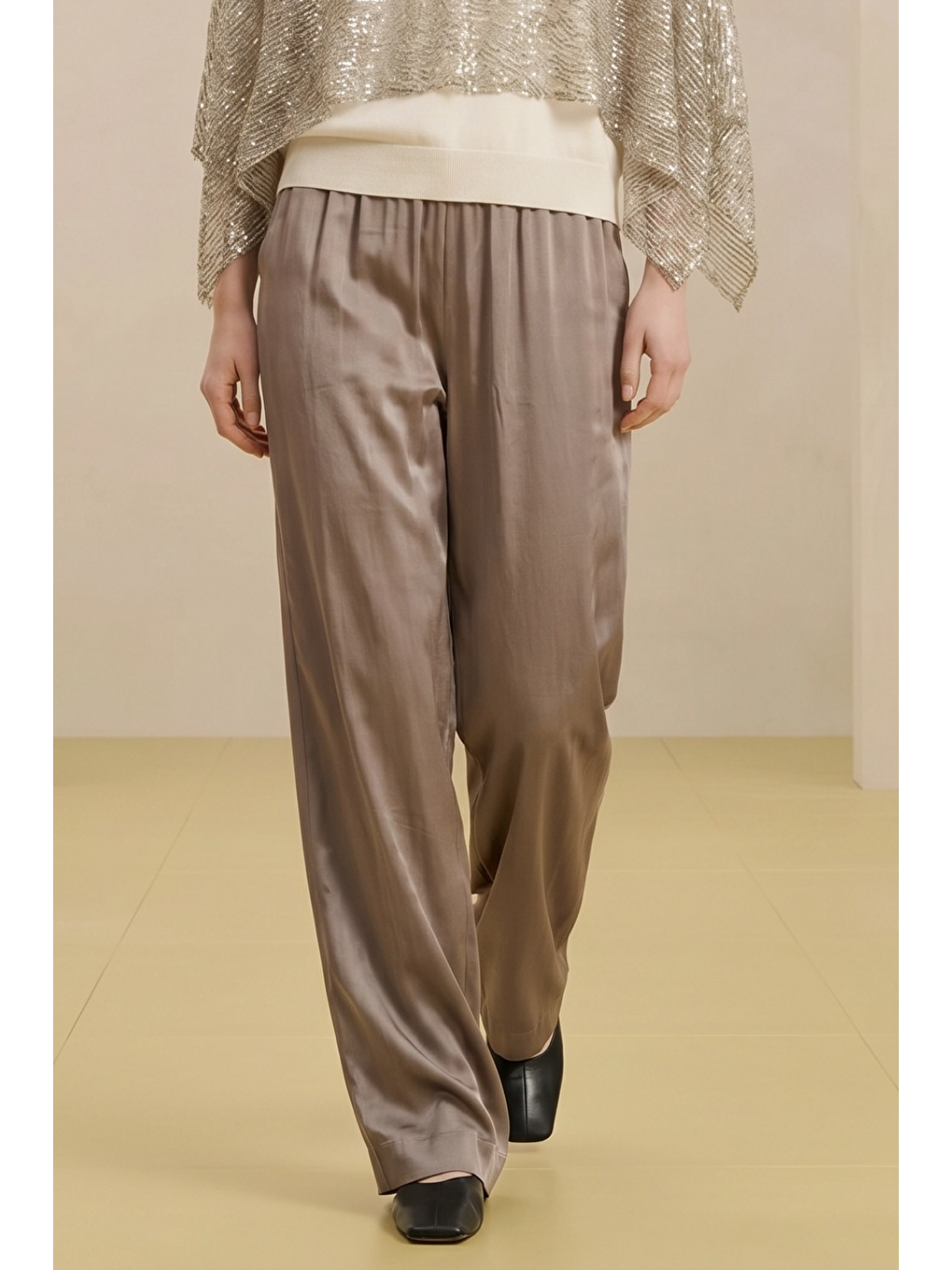Bej ALESTA | Yüksek Bel Dökümlü Pantolon Vizon