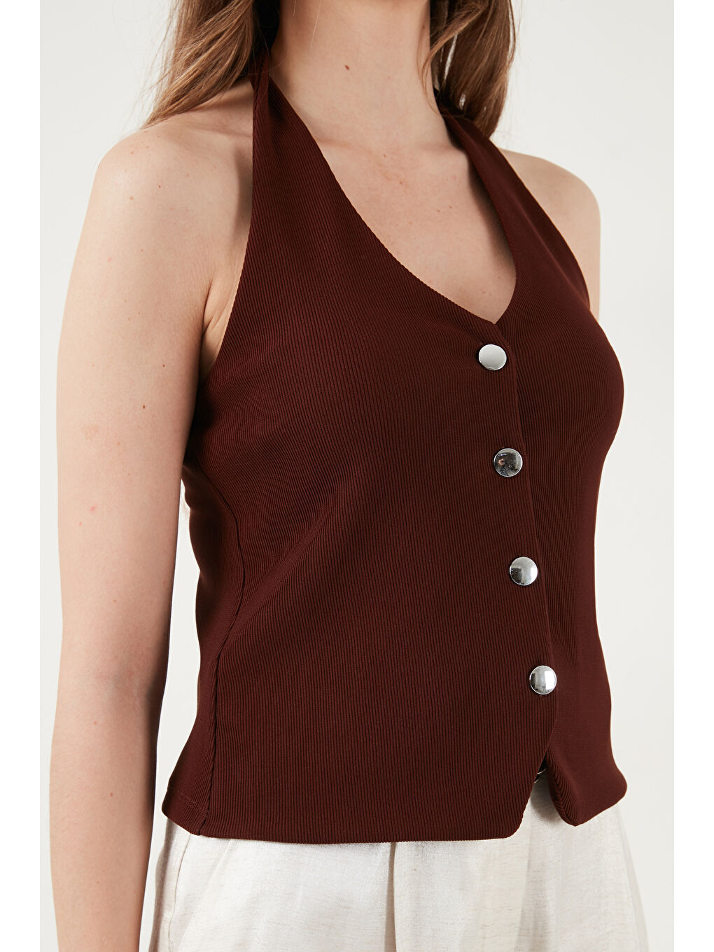 Kahverengi Fitilli Fitted Fit Halter Yaka Sırt Dekolteli Kadın Yelek 5866515-5