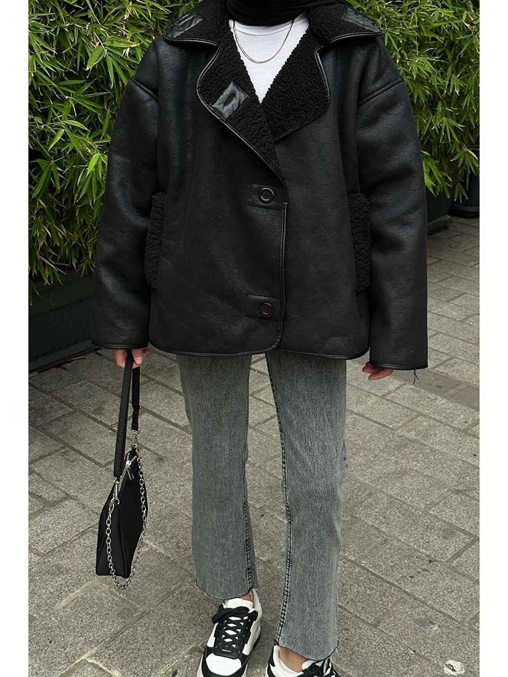 Süet Düğmeli Mont Siyah-2