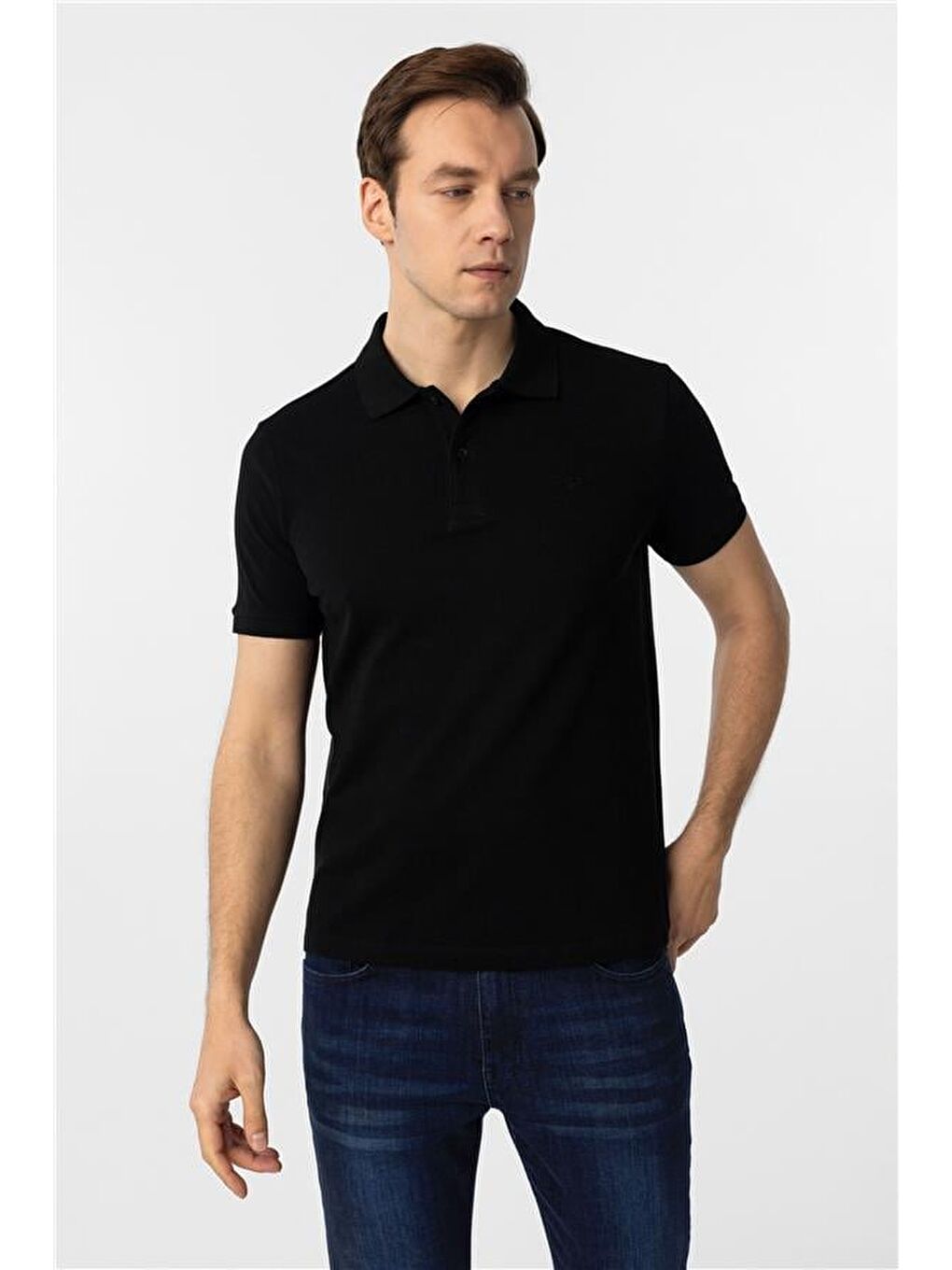 Siyah Slim Düz Polo Yaka Tişört-1