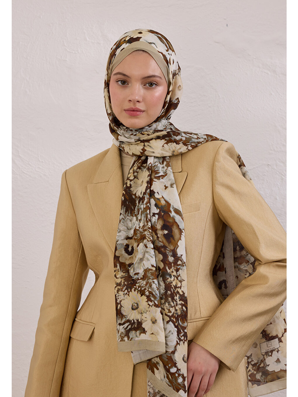 Bej Beauty Blossom Desen Rami Şal Vizon-1