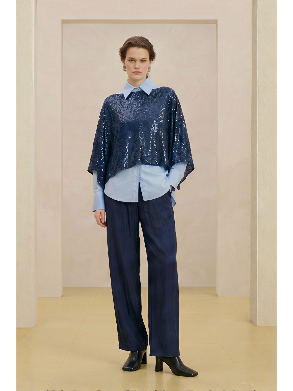 ALESTA | Yüksek Bel Dökümlü Pantolon Lacivert-1