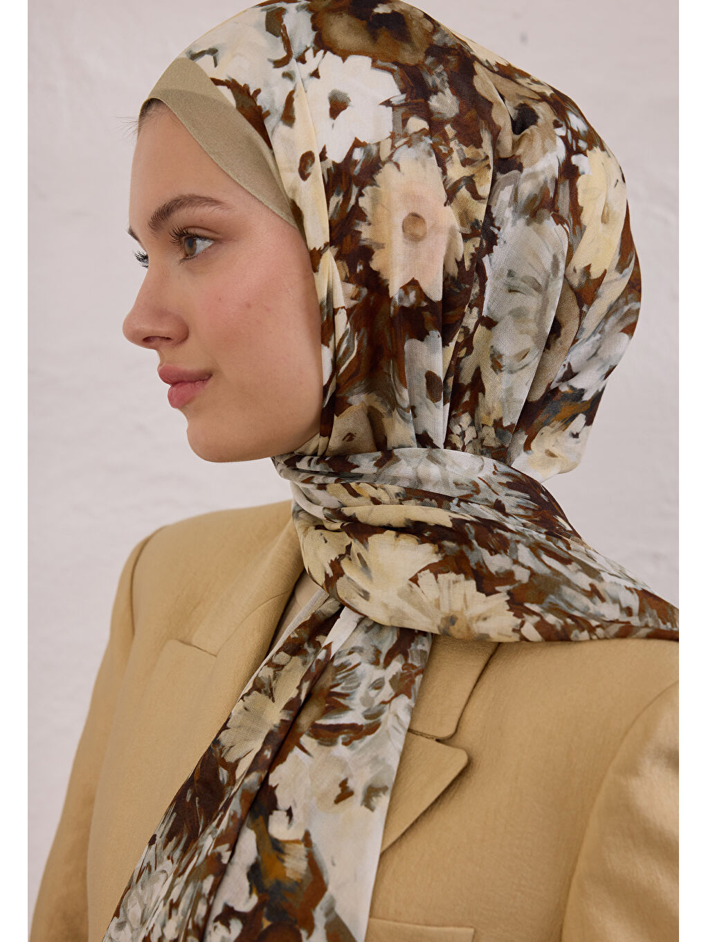 Bej Beauty Blossom Desen Rami Şal Vizon-2