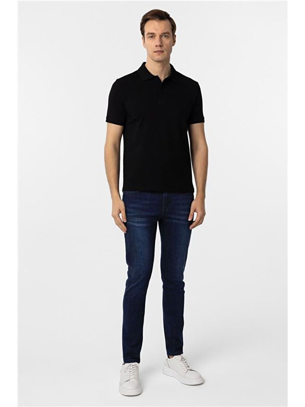 Siyah Slim Düz Polo Yaka Tişört-4