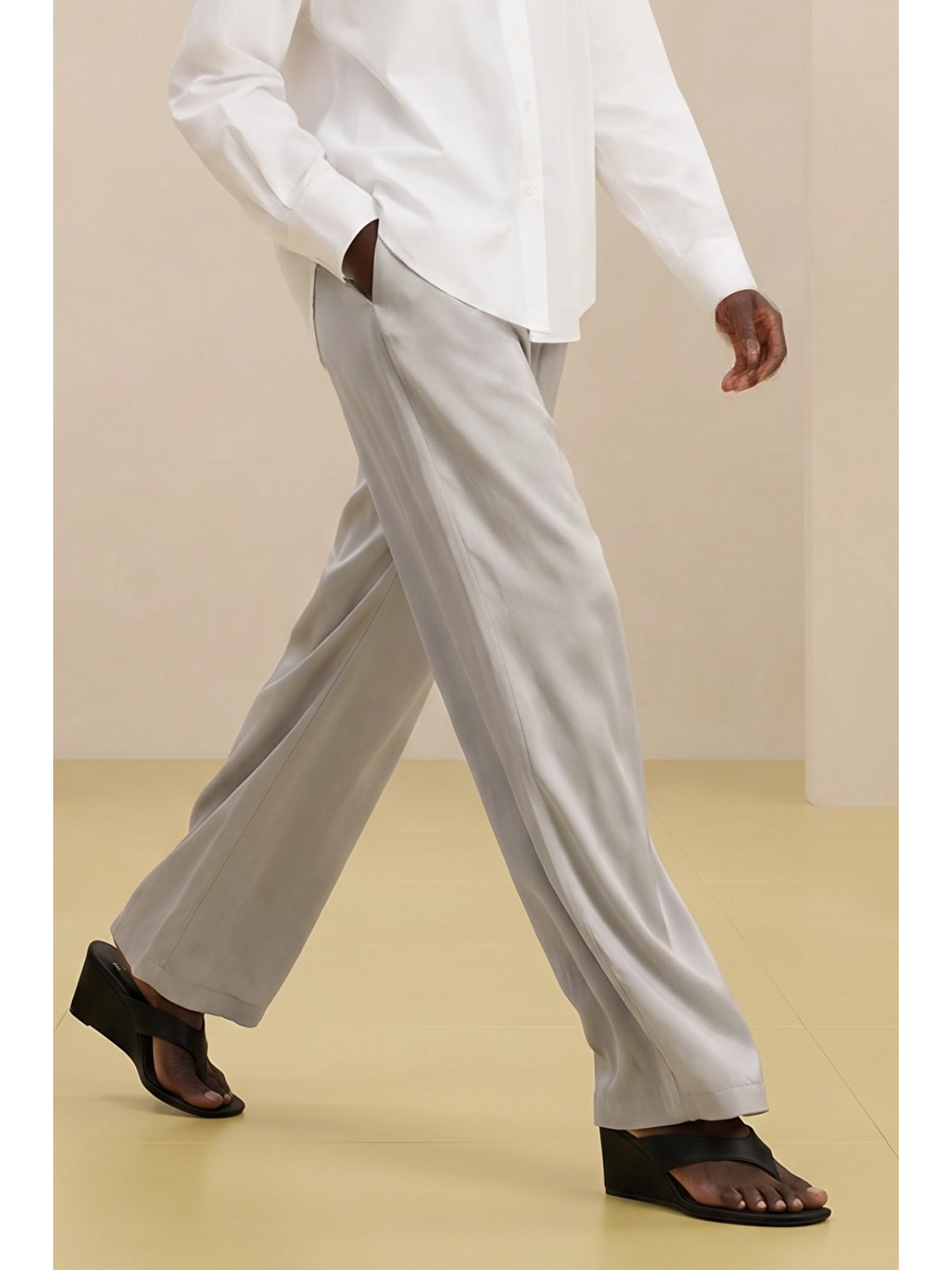 ALESTA | Yüksek Bel Dökümlü Pantolon Açık Gri-3