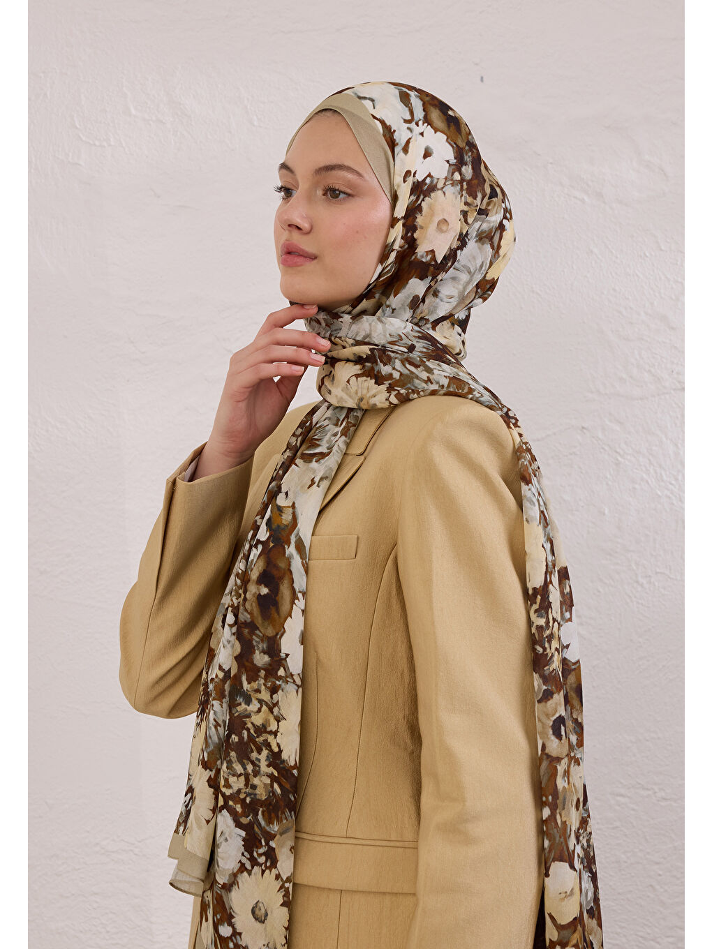 Bej Beauty Blossom Desen Rami Şal Vizon-3