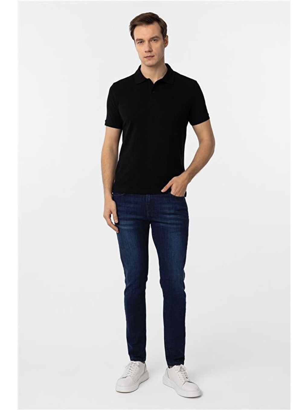 Siyah Slim Düz Polo Yaka Tişört-5