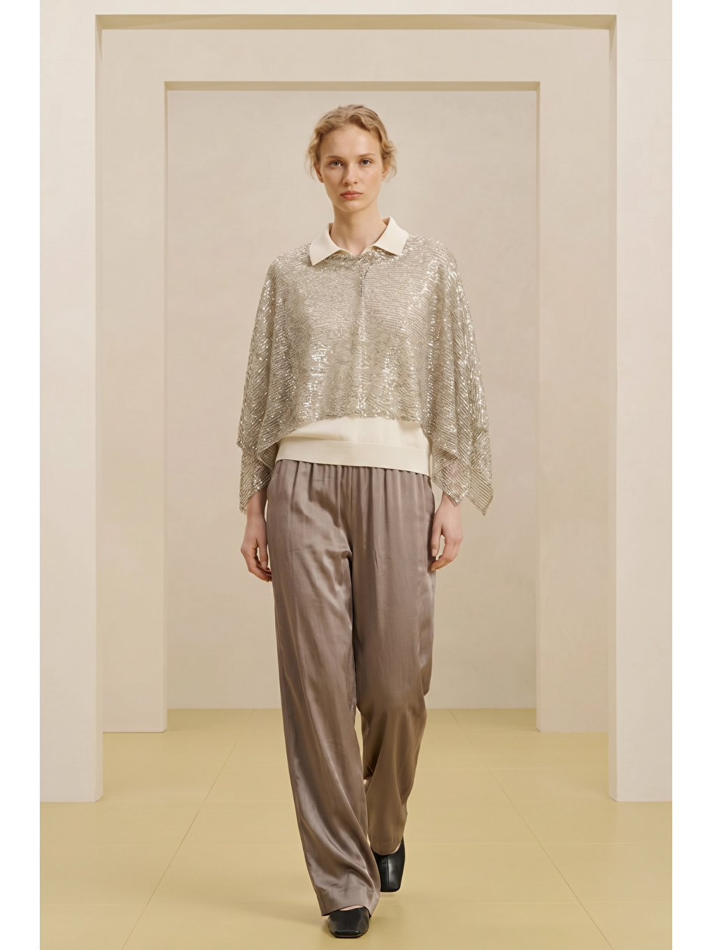 Bej ALESTA | Yüksek Bel Dökümlü Pantolon Vizon-1