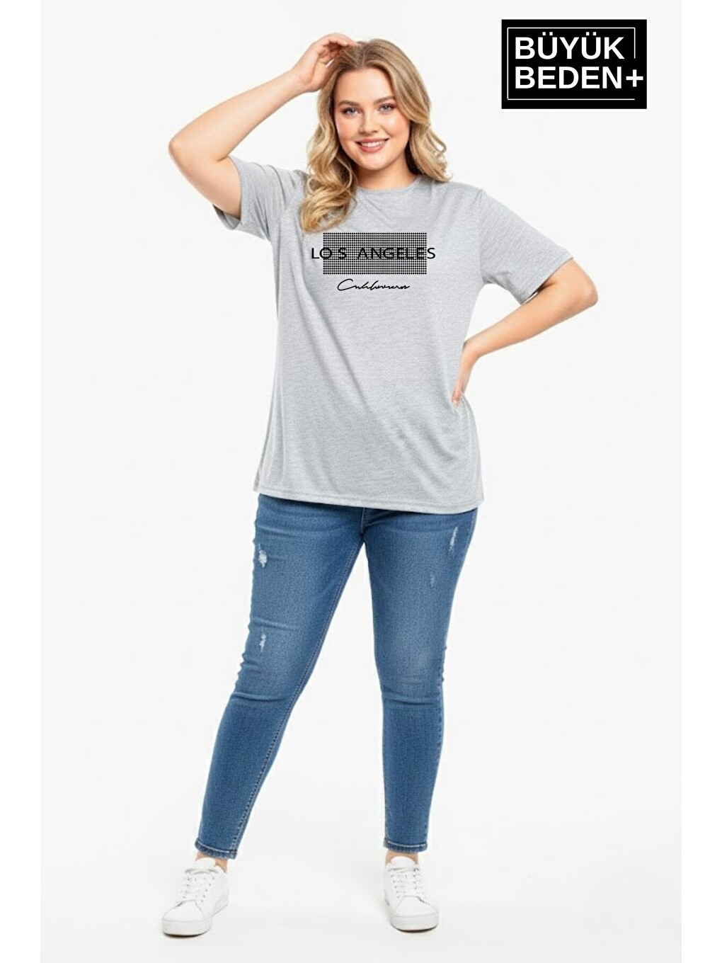 Gri Kadın Büyük Beden Los Angeles Baskılı 3xl-6xl Bisiklet Yaka Tshırt Spr26btsk510-18
