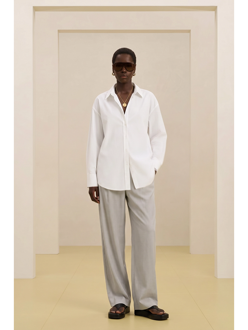 ALESTA | Yüksek Bel Dökümlü Pantolon Açık Gri-4