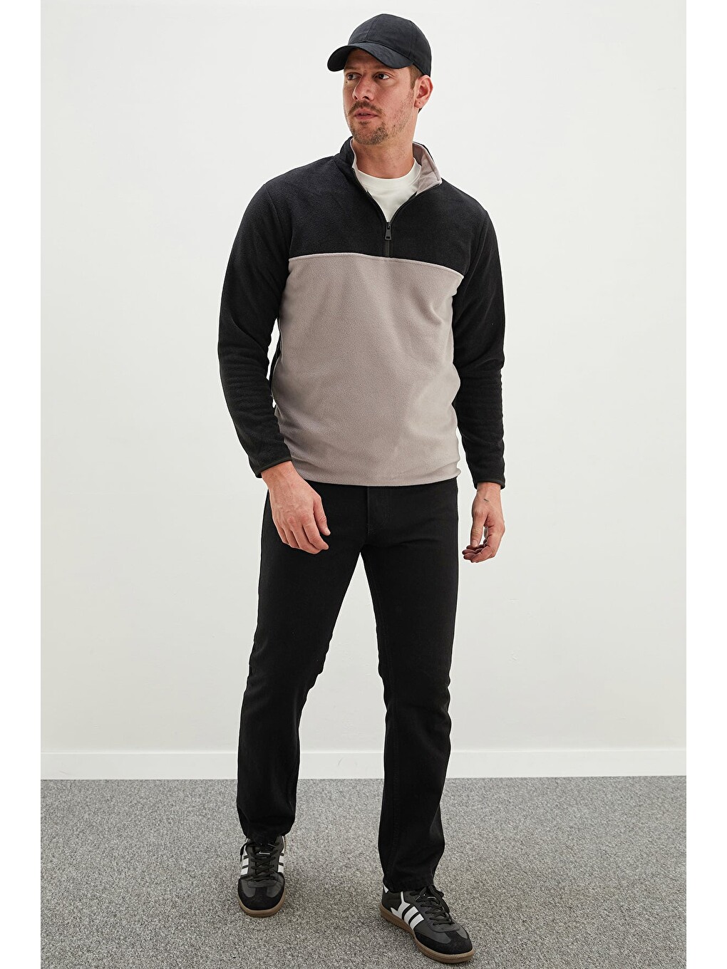 Gri Yarım Fermuarlı Regular Fit Polar Sweatshirt-2