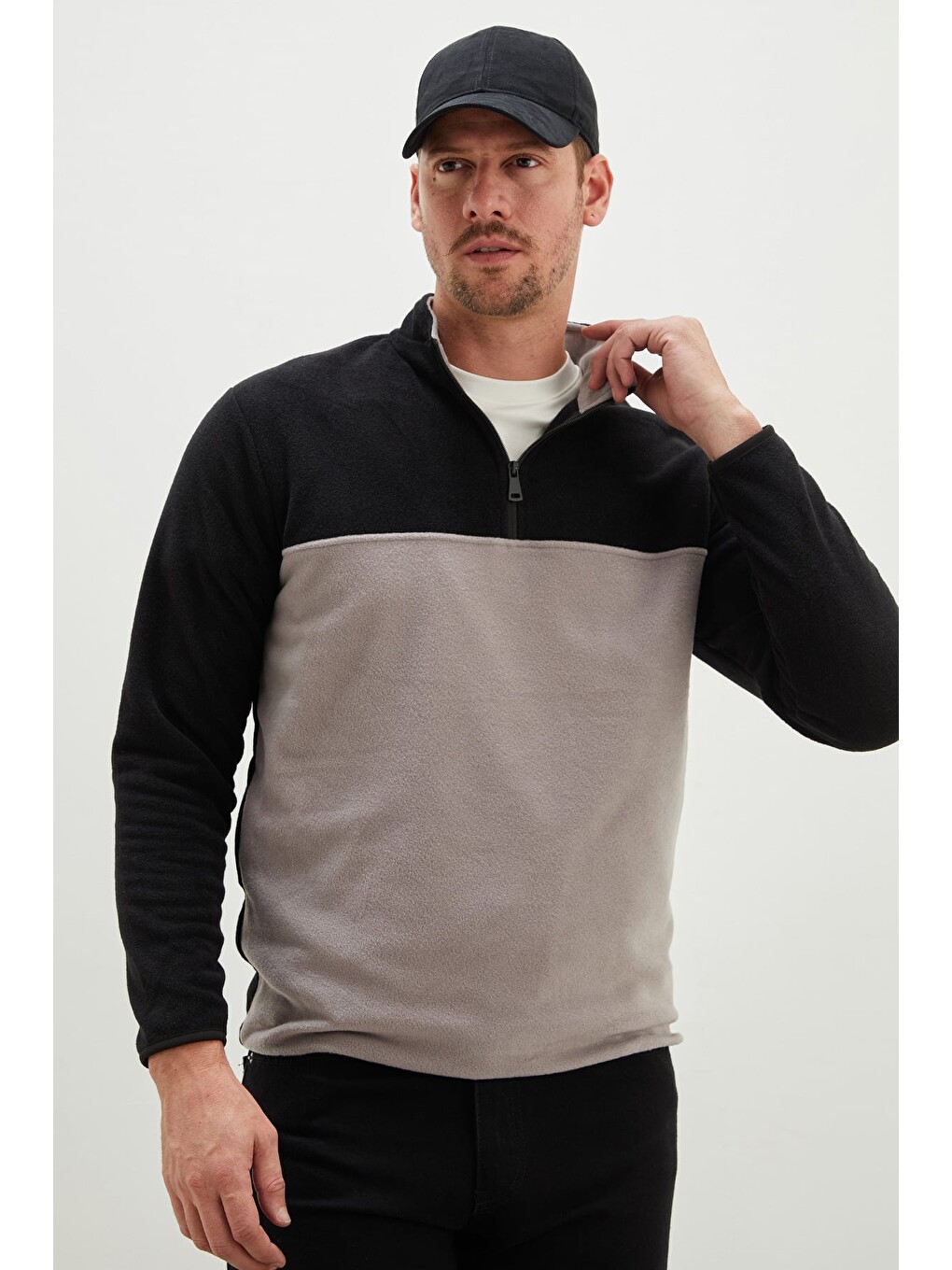 Gri Yarım Fermuarlı Regular Fit Polar Sweatshirt-3