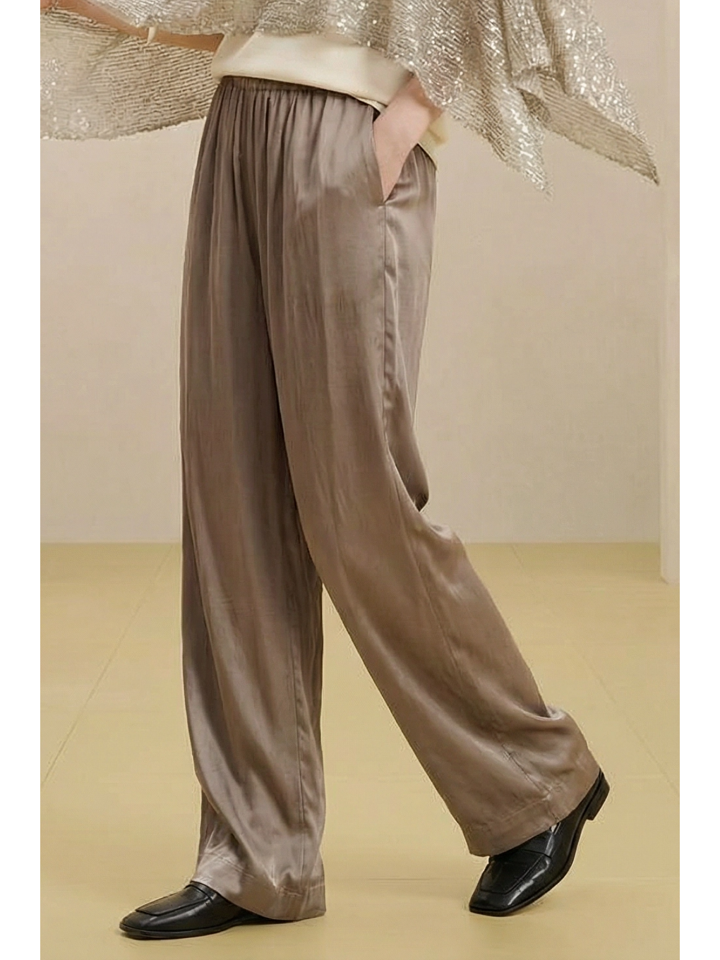 Bej ALESTA | Yüksek Bel Dökümlü Pantolon Vizon-2