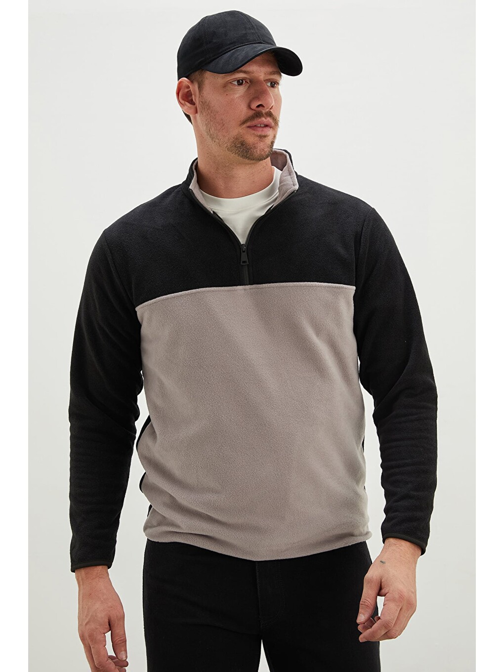 Gri Yarım Fermuarlı Regular Fit Polar Sweatshirt-4
