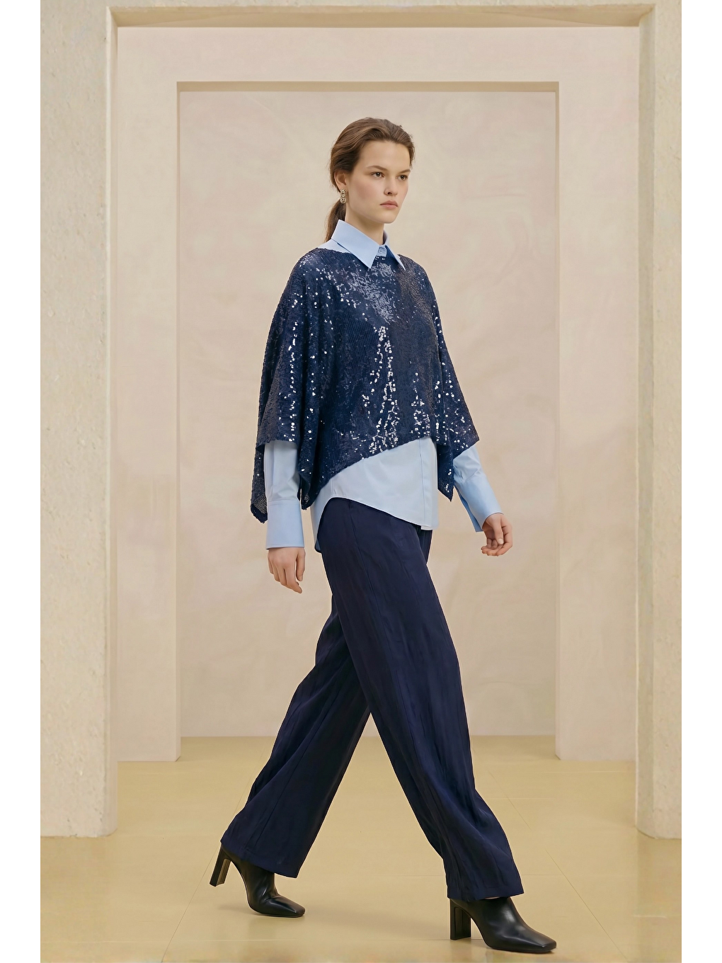 ALESTA | Yüksek Bel Dökümlü Pantolon Lacivert-3