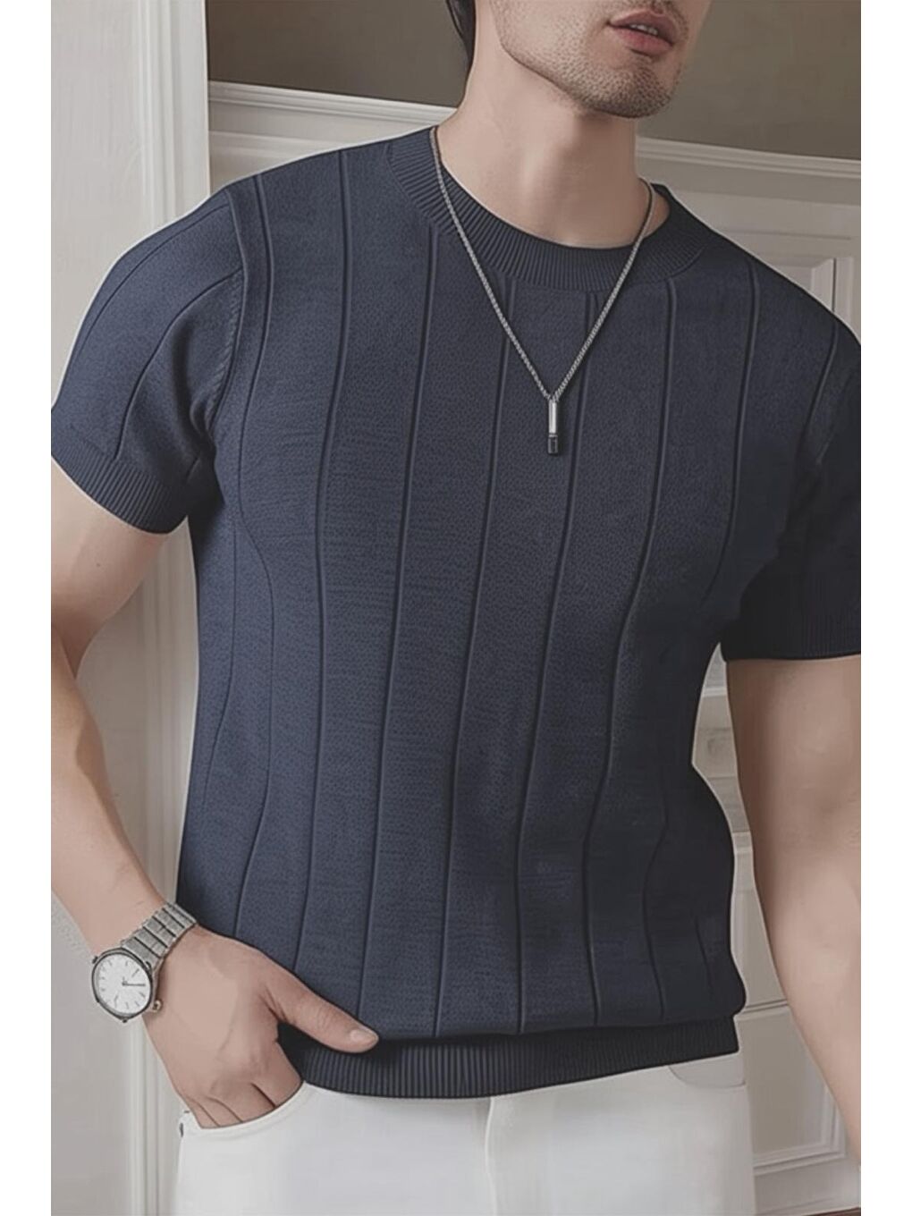 Gri Toro Çizgili Elastanlı Slim Fit Bisiklet Yaka Örme Erkek Triko Tshirt