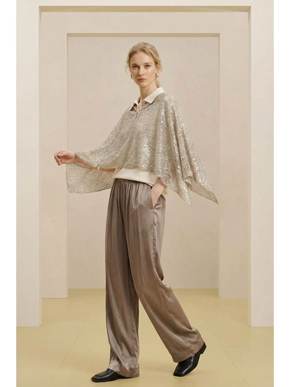 Bej ALESTA | Yüksek Bel Dökümlü Pantolon Vizon-3