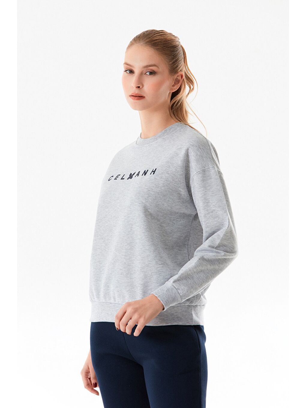 Fullamoda Gri 3 İplik Yazı Baskılı Bisiklet Yaka Sweatshirt - 4