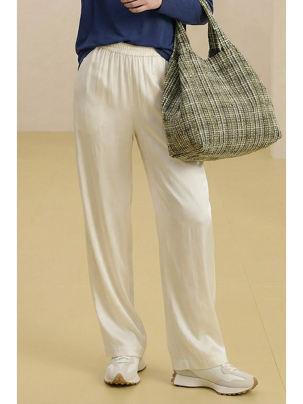 Bej ALESTA | Yüksek Bel Dökümlü Pantolon Fil Dişi-2