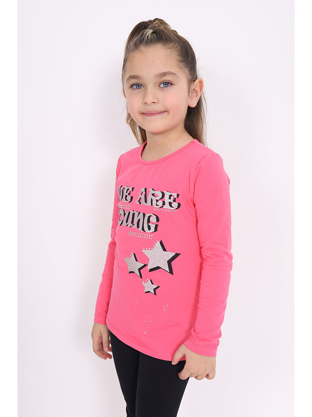 Fuşya Kız Çocuk Baskılı Taş İşlemeli Tişört-1