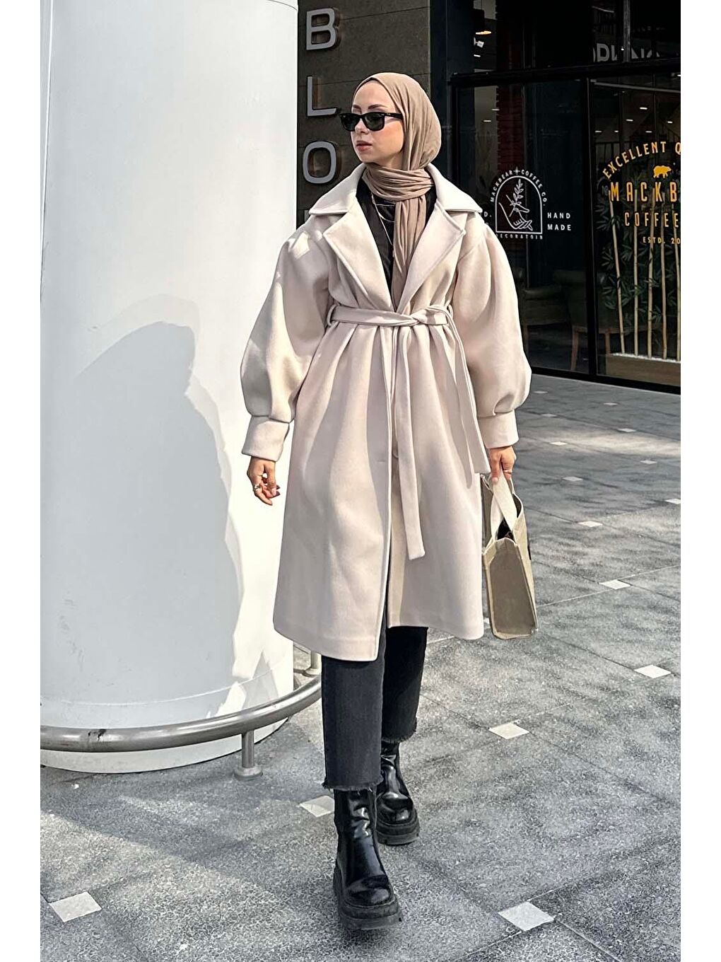 Balon Kol Örme Kaşe Kaban Bej-1