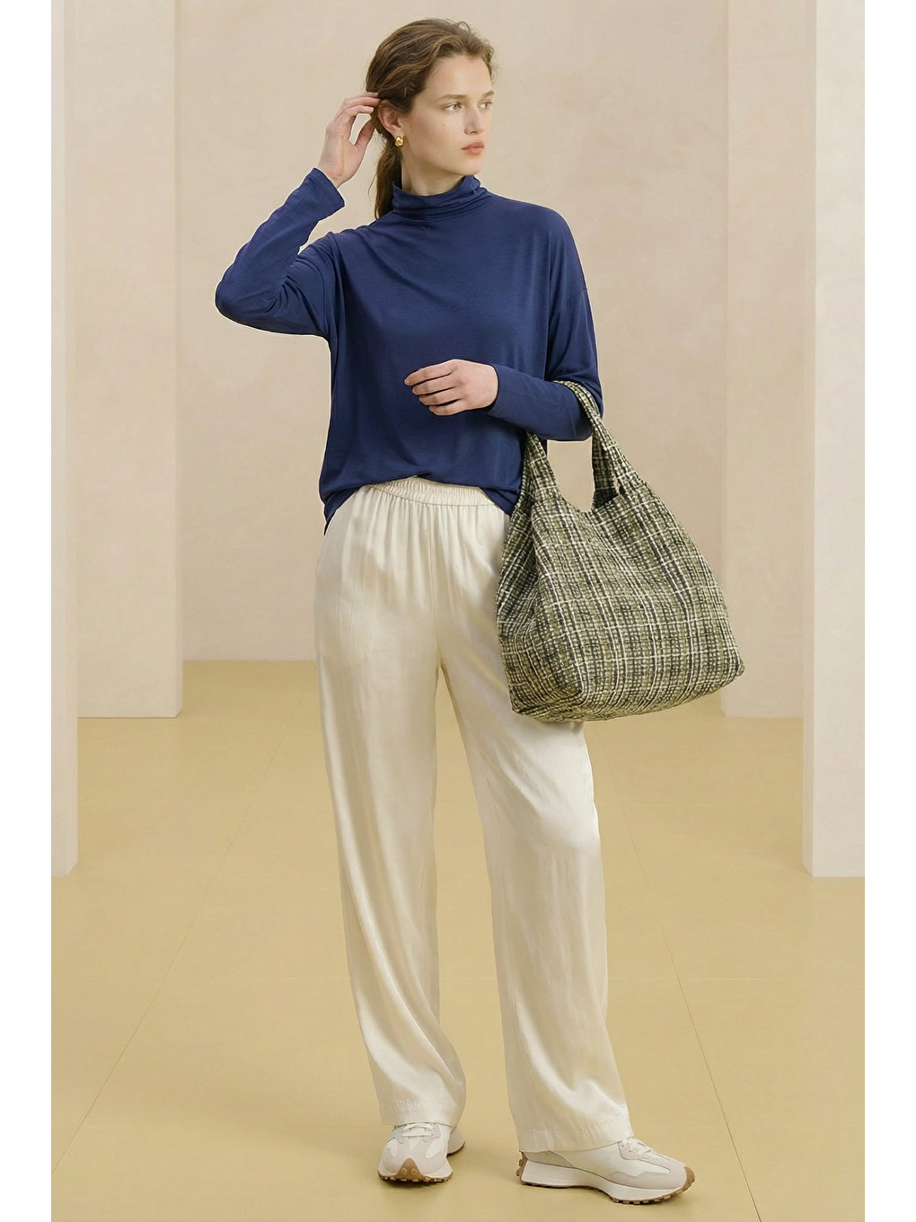 Bej ALESTA | Yüksek Bel Dökümlü Pantolon Fil Dişi-3