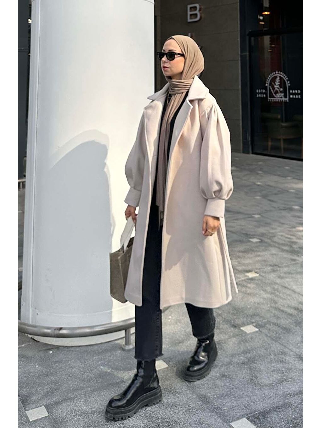 Balon Kol Örme Kaşe Kaban Bej-3