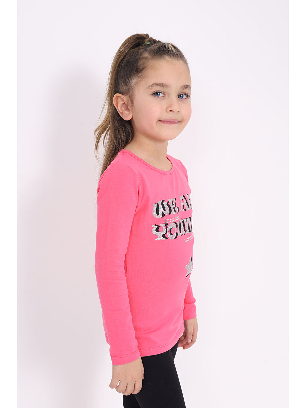 Fuşya Kız Çocuk Baskılı Taş İşlemeli Tişört-2