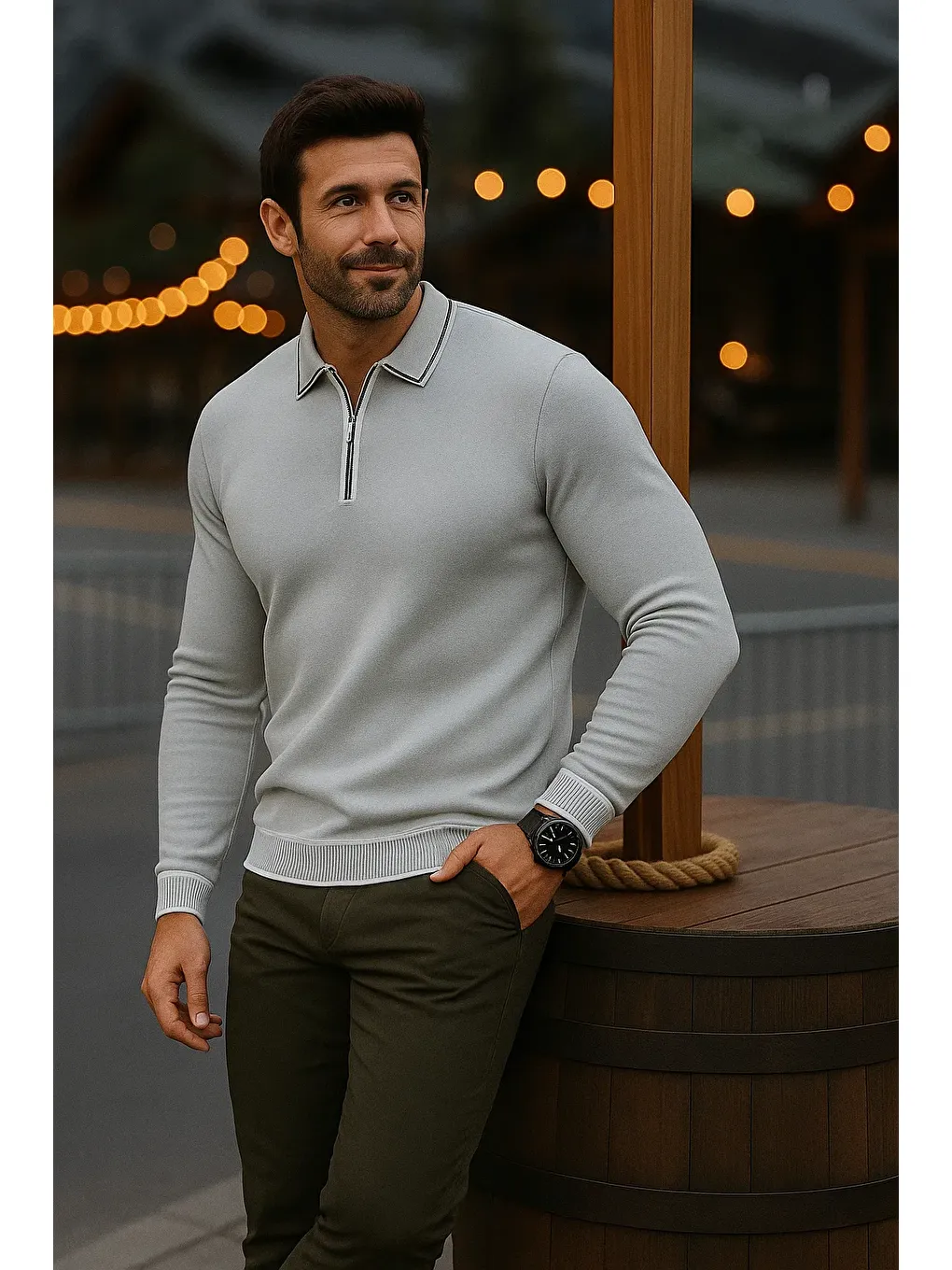 Erkek Günlük Uzun Kollu Gri Polo Yaka Kazak-2