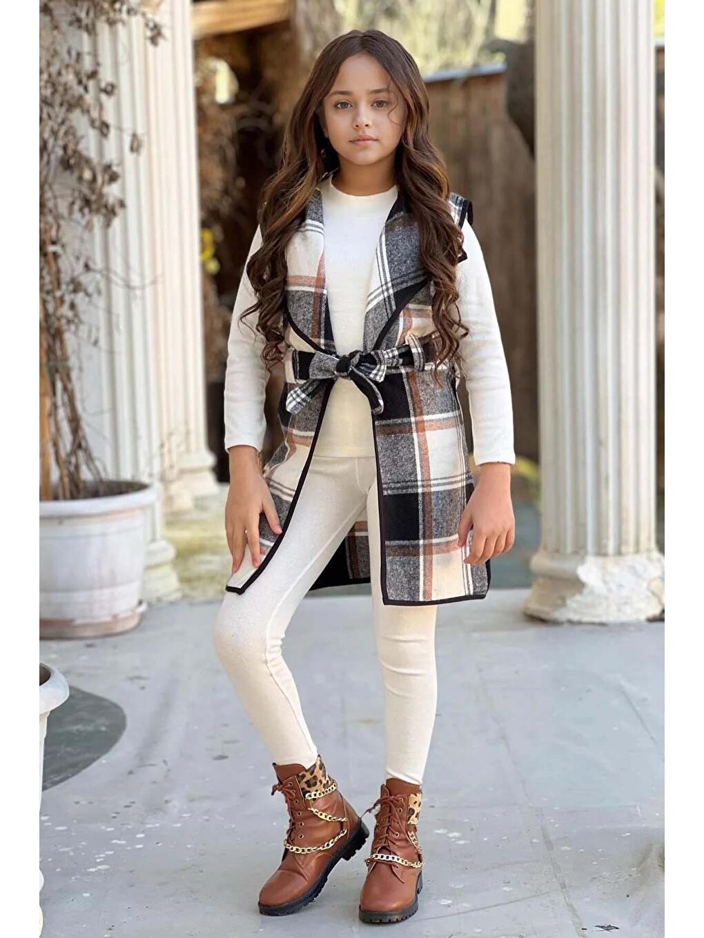 Kız Çocuk Ekose Desenli Yelek Uzun Kol Penye Kazak Beyaz Taytlı Takım-1
