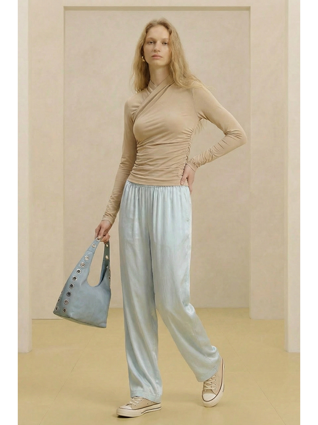 ALESTA | Yüksek Bel Dökümlü Pantolon Buz Mavi-1