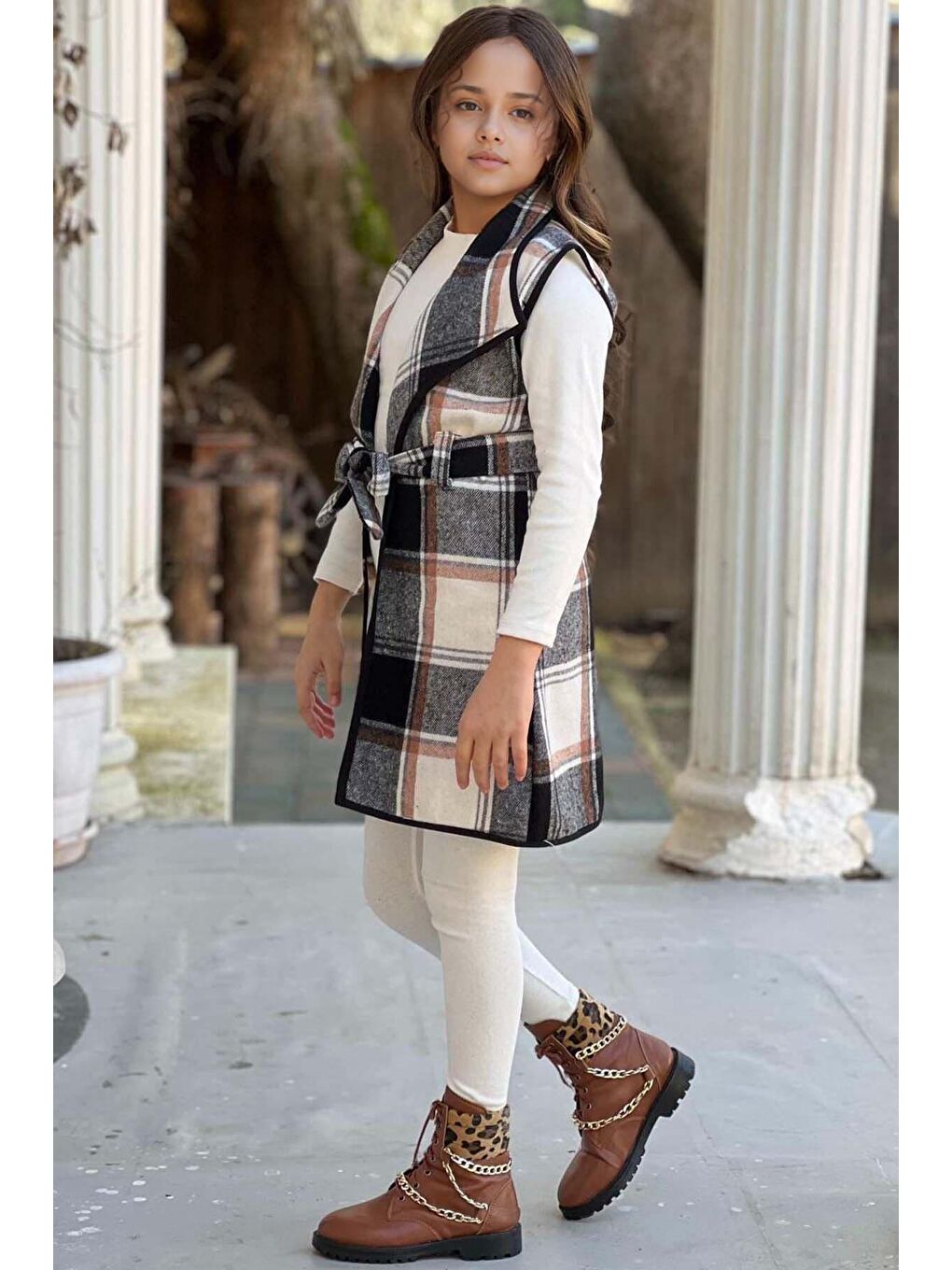 Kız Çocuk Ekose Desenli Yelek Uzun Kol Penye Kazak Beyaz Taytlı Takım-2