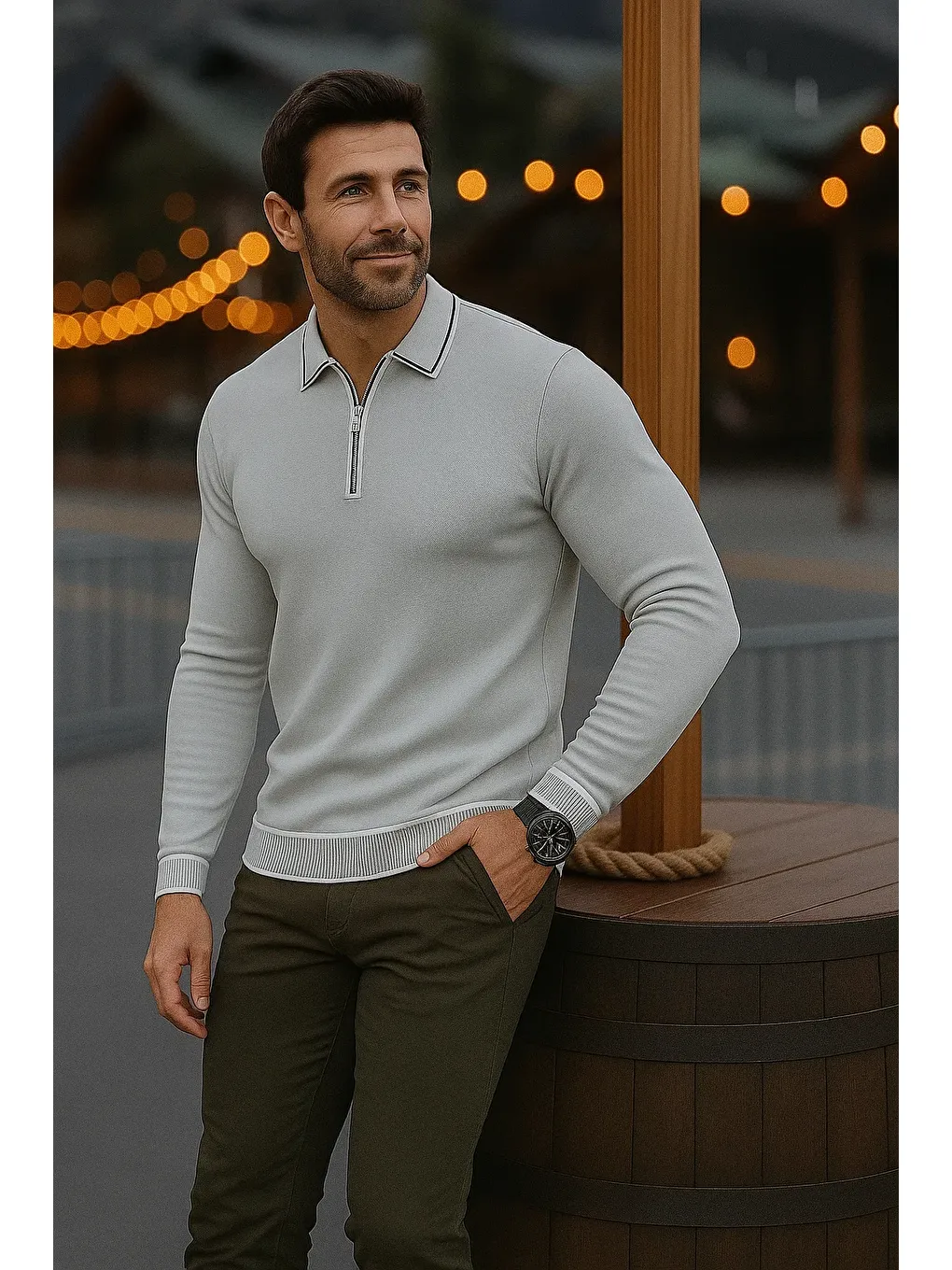 Erkek Günlük Uzun Kollu Gri Polo Yaka Kazak-3