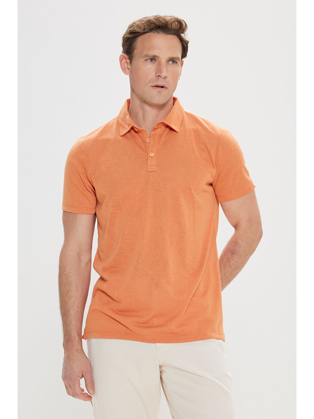 Erkek Turuncu Dar Kesim Polo Yaka Düz Casual Tişört-3