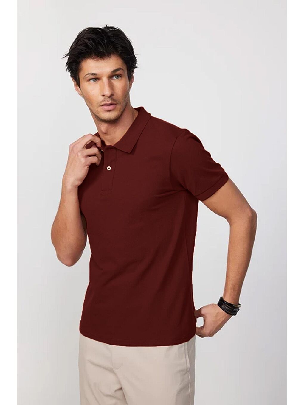 Erkek Regular Fit Klasik Kesim %100 Pamuk Düz Pike Bordo Polo Yaka Tişört-3