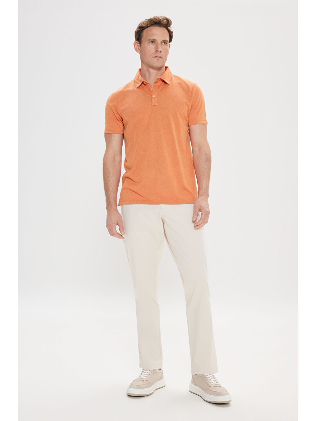 Erkek Turuncu Dar Kesim Polo Yaka Düz Casual Tişört-4