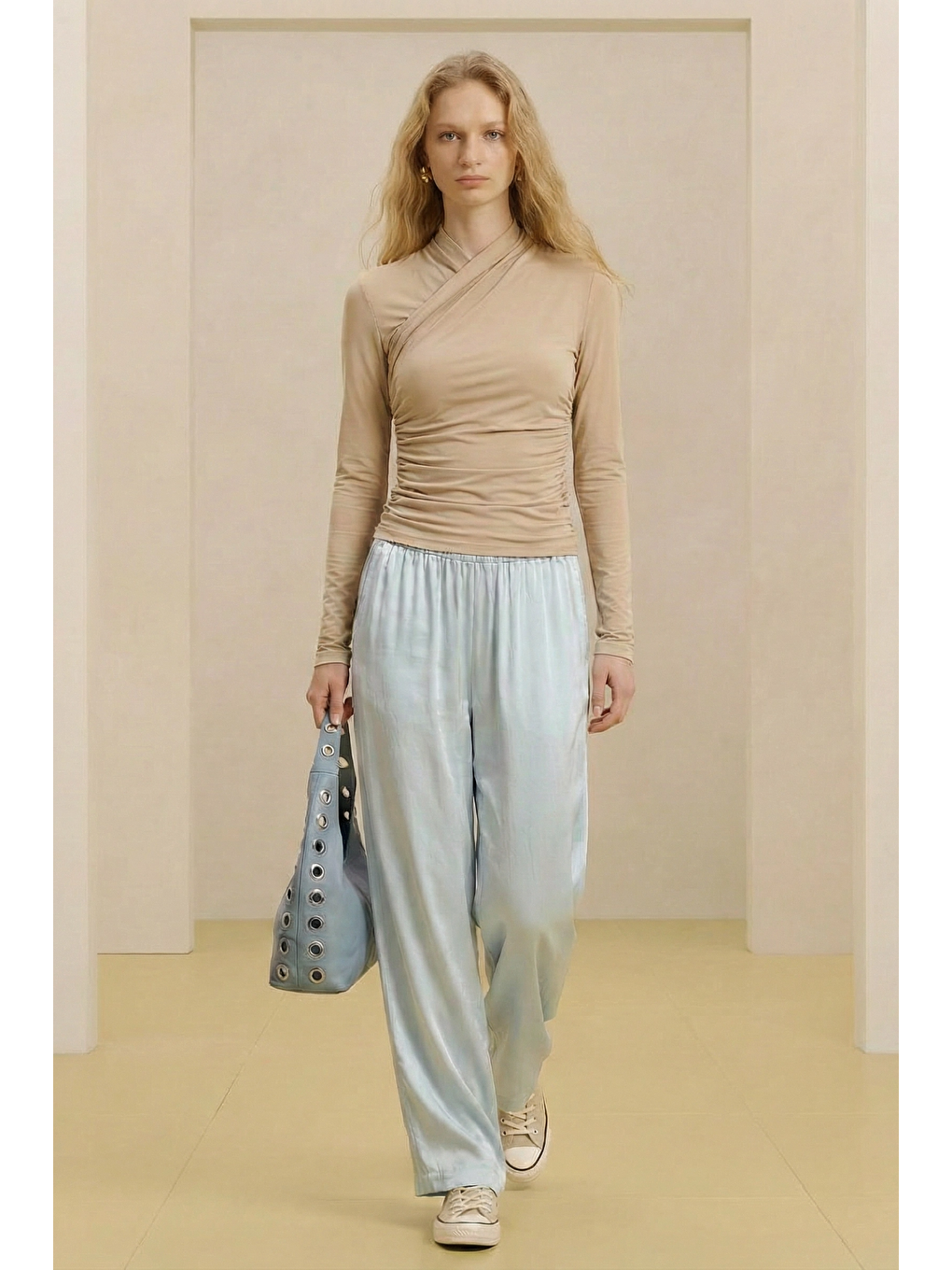 ALESTA | Yüksek Bel Dökümlü Pantolon Buz Mavi-2