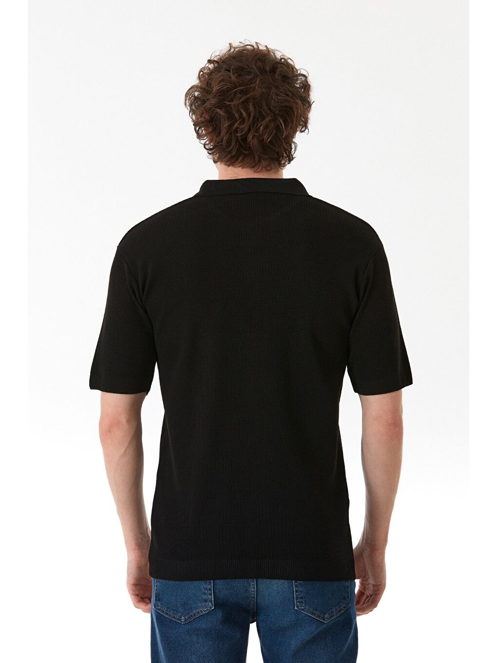 Siyah Waffle Kumaş Polo Yaka Yarım Fermuarlı Triko Tişört-3