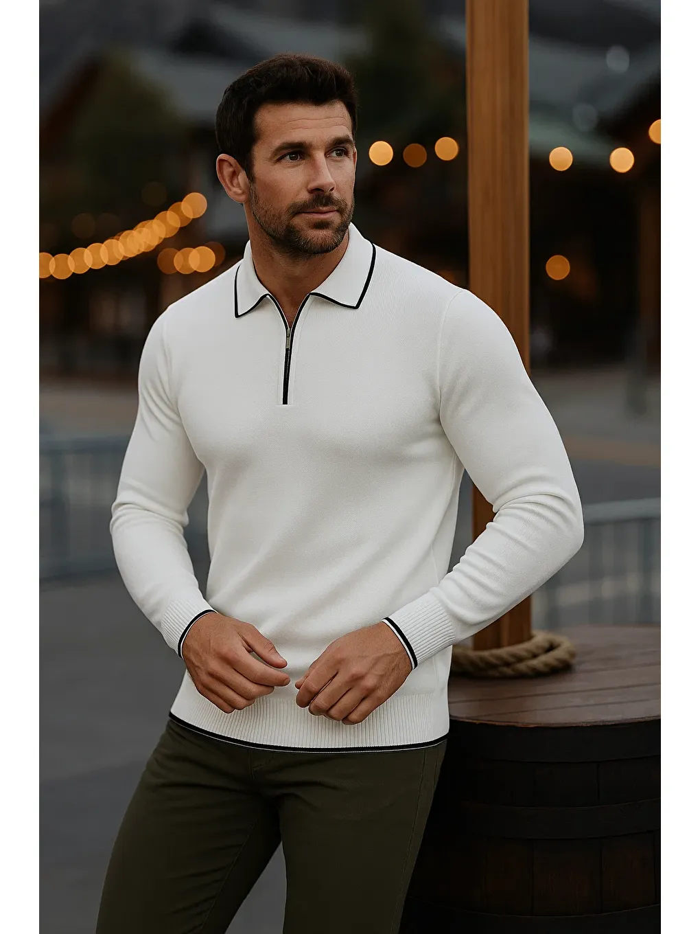 Erkek Günlük Uzun Kollu Beyaz Polo Yaka Kazak-1