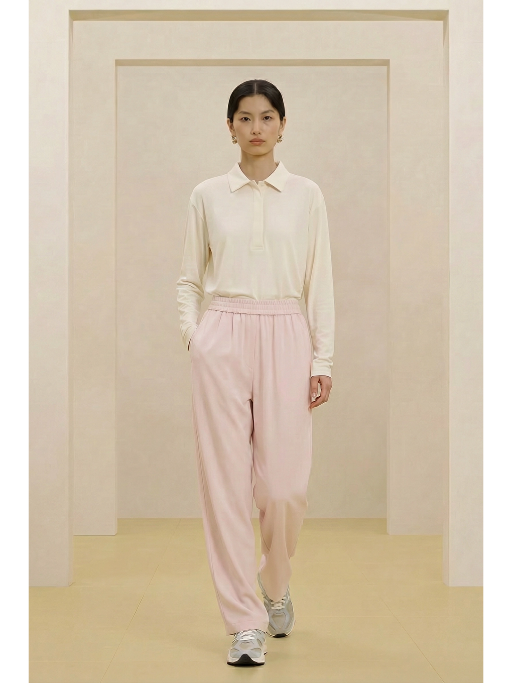 Pembe ALESTA | Yüksek Bel Dökümlü Pantolon Pudra-1