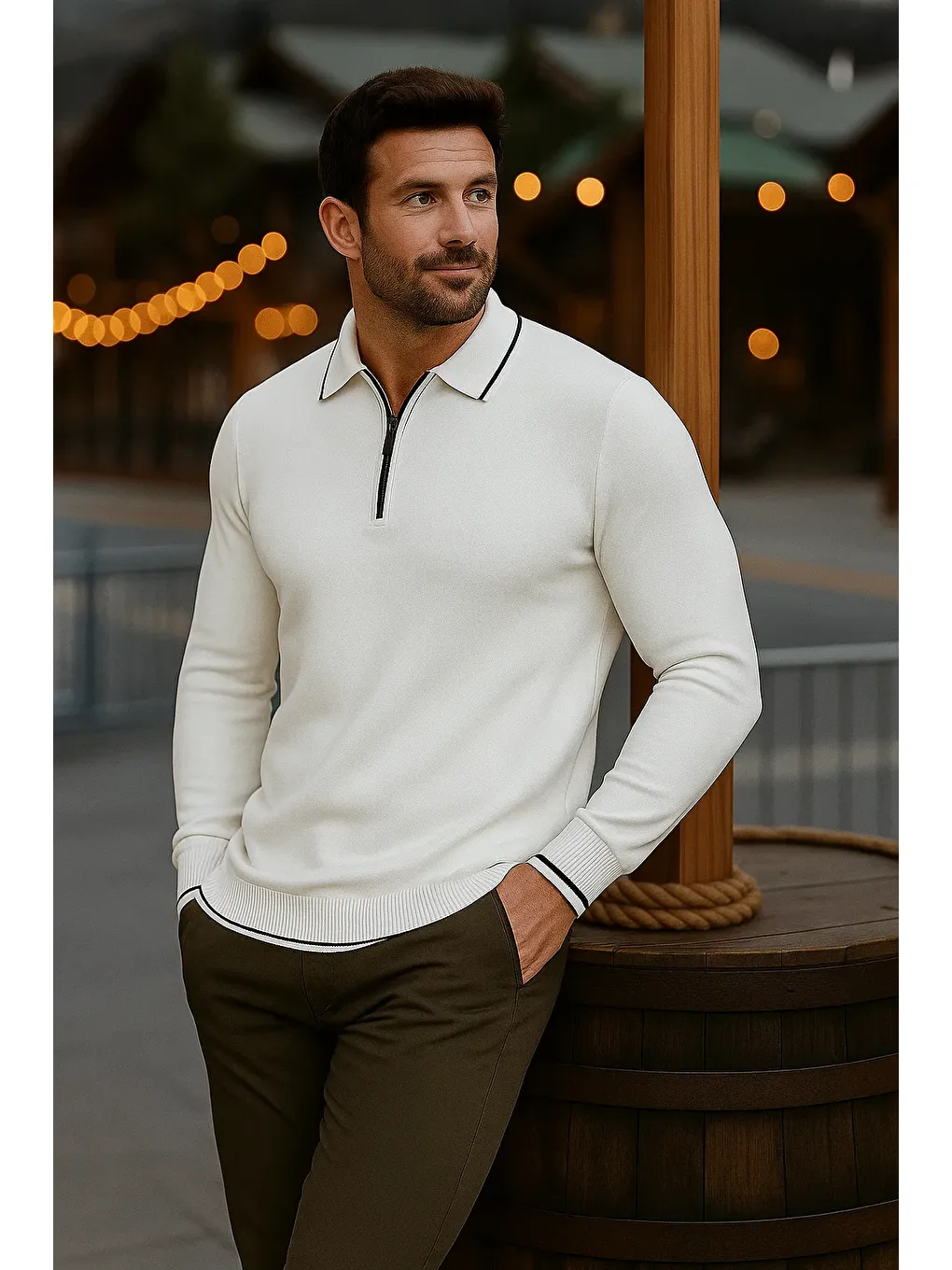 Erkek Günlük Uzun Kollu Beyaz Polo Yaka Kazak-2