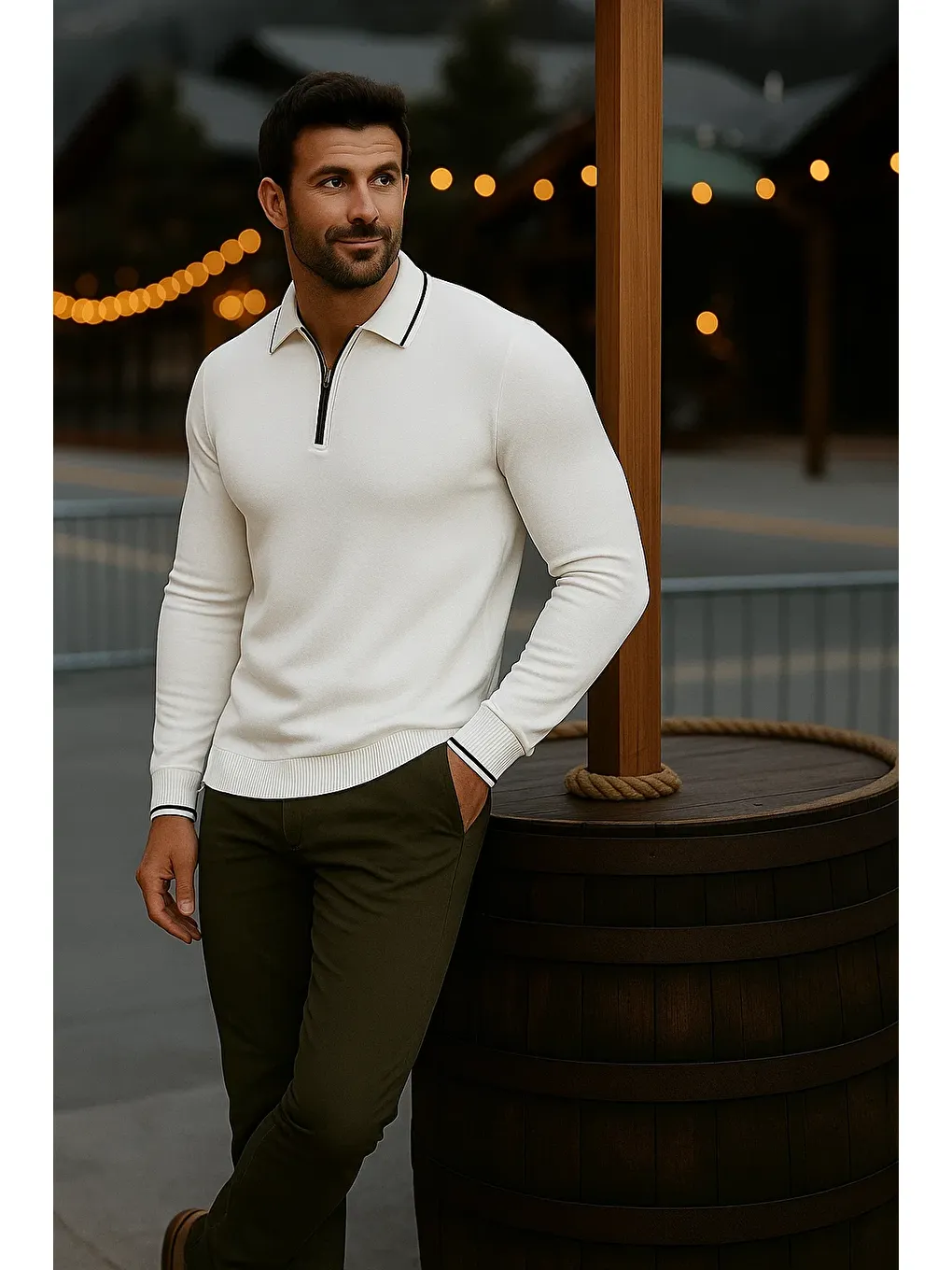 Erkek Günlük Uzun Kollu Beyaz Polo Yaka Kazak-3