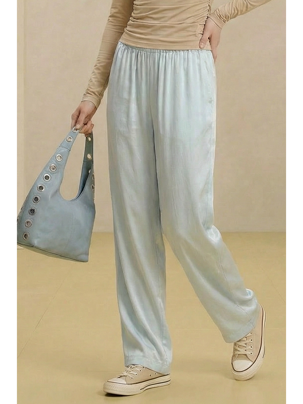 ALESTA | Yüksek Bel Dökümlü Pantolon Buz Mavi-3